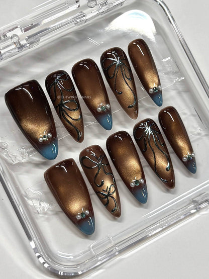 Set of brown and blue nail art designs in a clear plastic case.